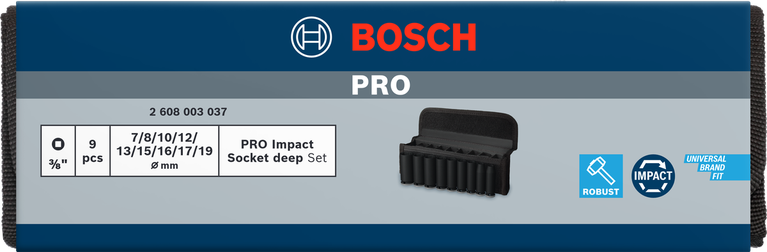 Juego de vasos de impacto Bosch PRO de 3/8″ de profundidad, 9 piezas.